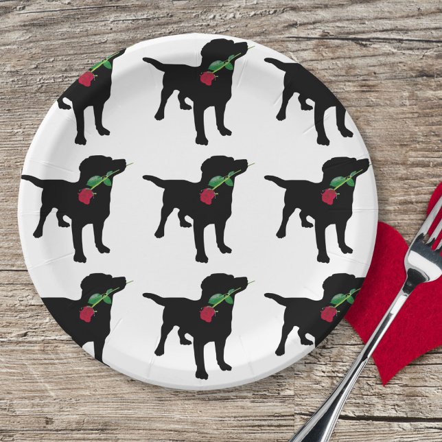 Cute Black Lab Dog holding Red Rose Paper Plate (Creator Uploaded)