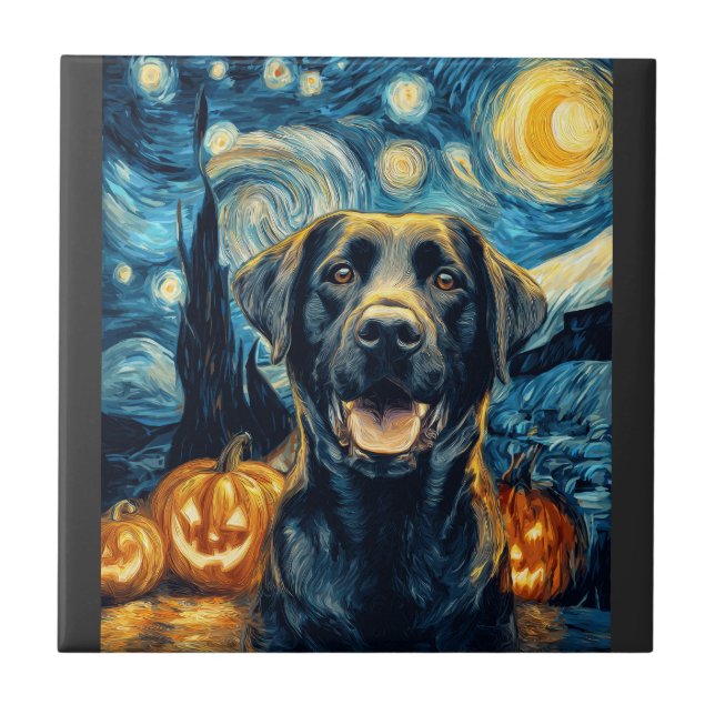 Cute Black Labrador Dog Halloween Jack O Lantern P Tile (Front)