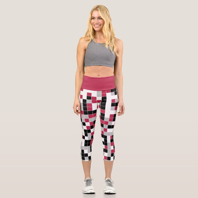 Cute Black Magenta Geometric Pattern Capri Leggings (Front)