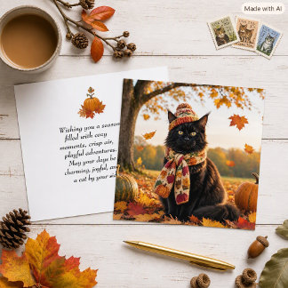   Cute Black Maine Coon Cat Fall Leaves Autumn  Card