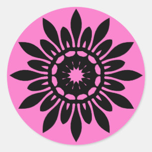Cute black mandala flower on pink classic round sticker