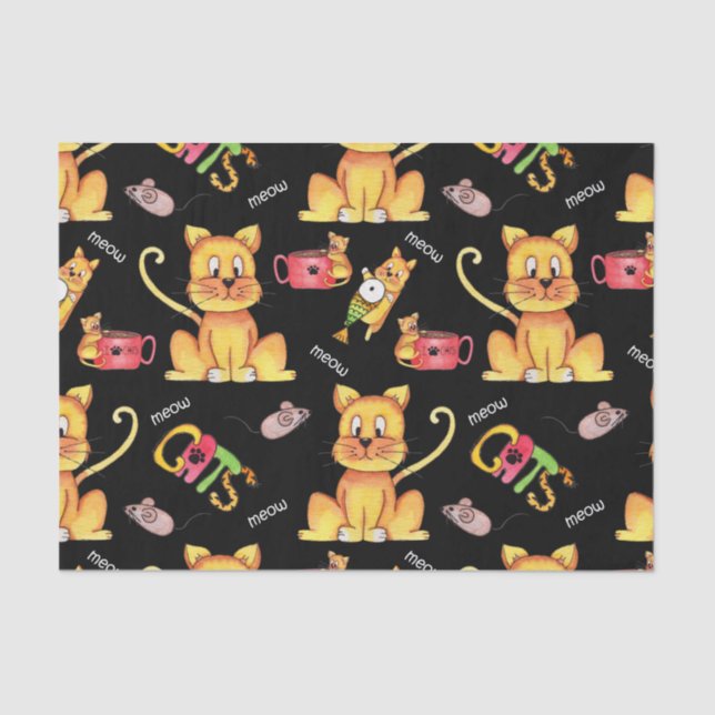 Cute Black Meow Cats Tissue Paper (Front)