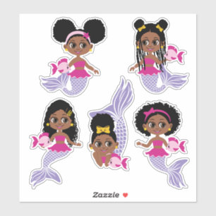 Cute Black Mermaid Girl Sticker Sheet (5 Pcs)