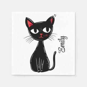 Cute black Mid Century cartoon cat Napkin
