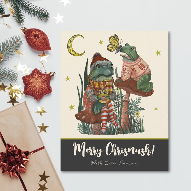 Cute Black Mushroom Frog and Toad Merry Christmas Holiday Card (Black Goth Christmas flat card with a whimsical illustration of frogs on mushrooms)