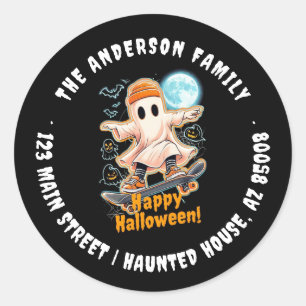 Cute Black Neon Ghost Happy Halloween Address  Classic Round Sticker