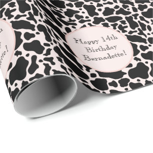 Cute Black on Pink Cowhide Print Farm Animal Text Wrapping Paper