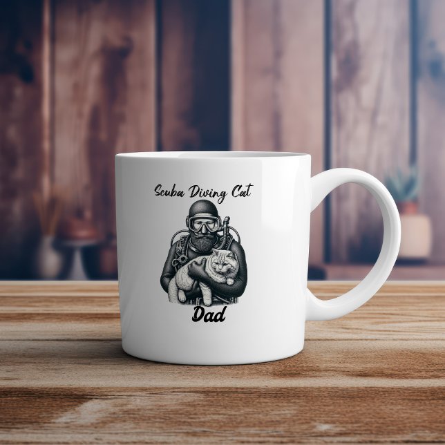 Cute Black on White Scuba Diving Cat Dad Coffee Mug (Creator Uploaded)