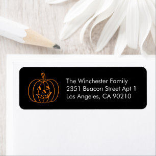 Cute black orange carved pumpkin Halloween address