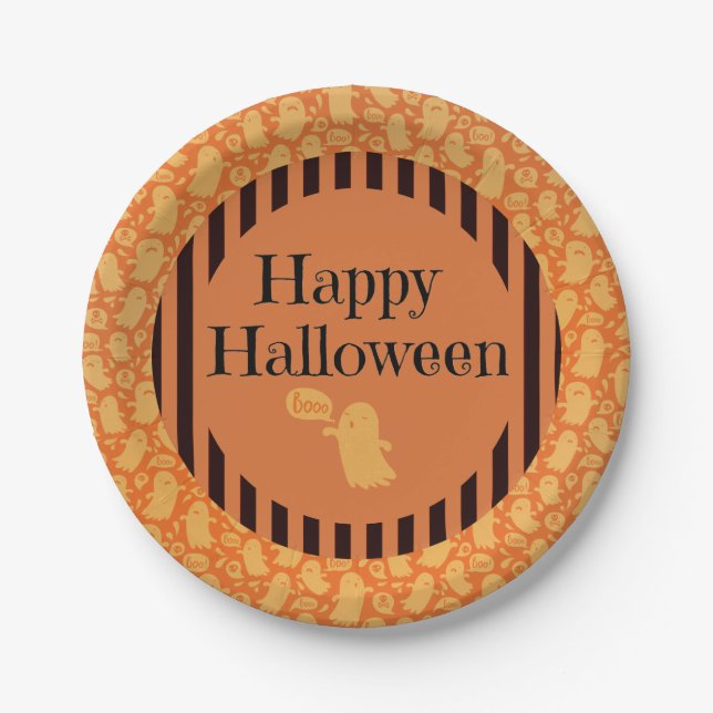 Cute Black Orange Ghost Happy Halloween Party Paper Plate (Front)