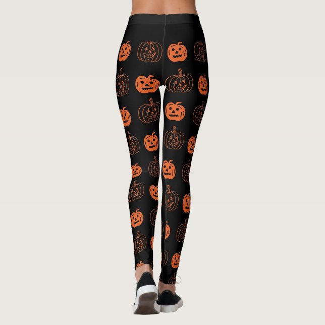 Cute Black Orange Jack O Lantern Pattern Halloween Leggings (Back)