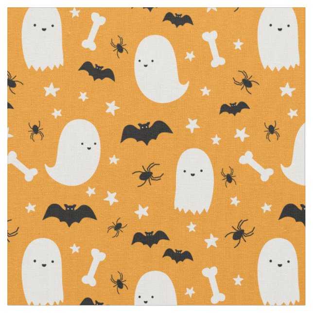 Cute Black Orange Spooky Ghosts Spiders Halloween Fabric (Close Up)