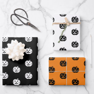 Cute black orange white jack o lantern Halloween Wrapping Paper Sheet