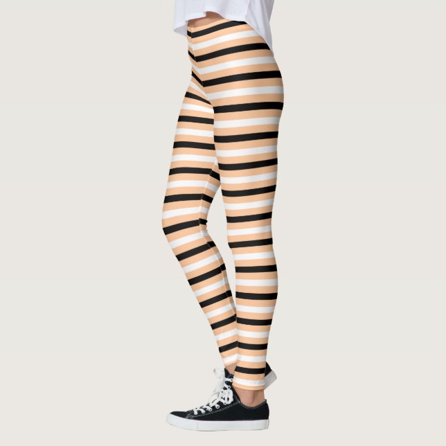 Cute Black Orange & White Stripe Pattern Halloween Leggings (Left)
