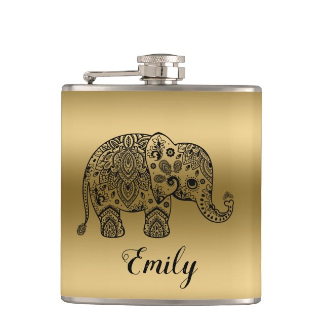 Cute Black Paisley Elephant Gold Background Hip Flask (Front)