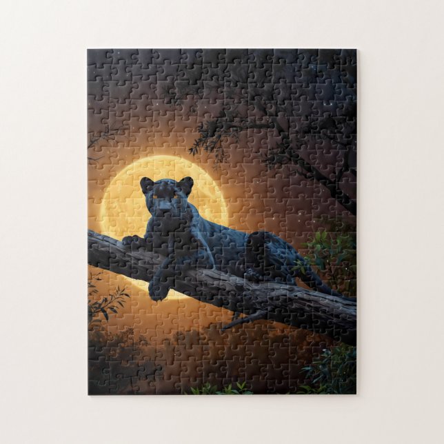 Cute Black Pantha laying on a Tree Branch Red Moon Jigsaw Puzzle (Vertical)