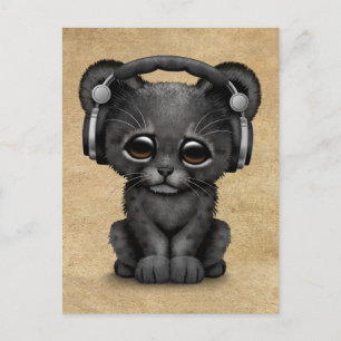 Cute Black Panther Cub Dj Wearing Headphones Postcard