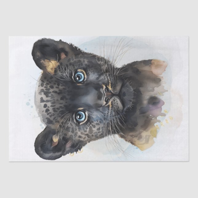 Cute Black Panther Cub Wild Cat Watercolor Tissue Paper (Front)
