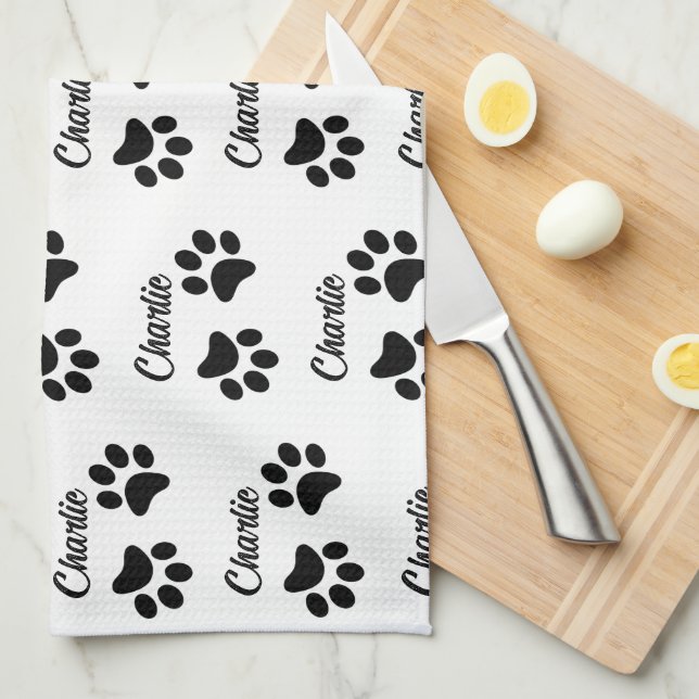 Cute Black  Paw Pet Lover name Kitchen  Tea Towel (Quarter Fold)