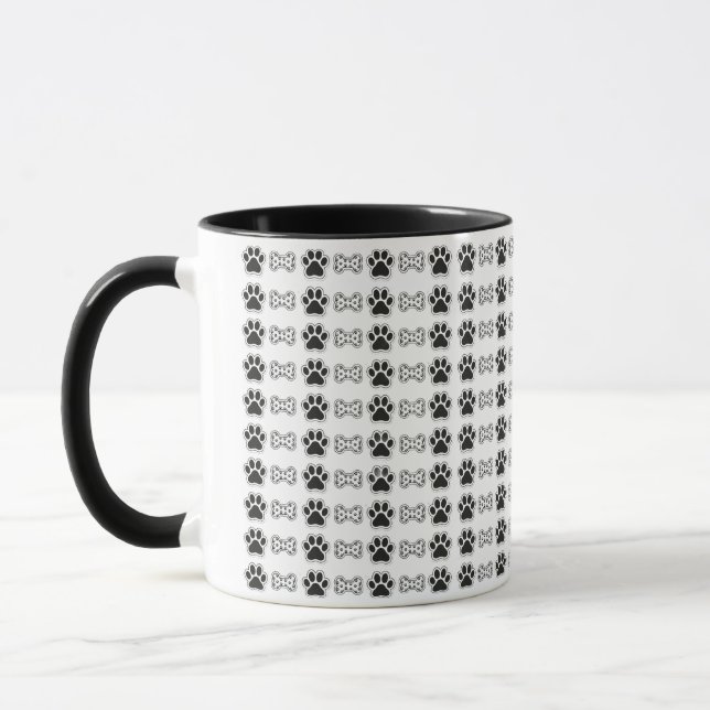 Cute Black Paw Print and Bone Pattern Two-Tone Mug (Left)