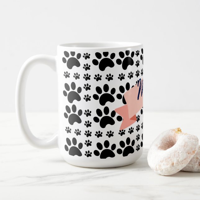 Cute Black Paw Print Pattern & Peach "Meow" Ribbon Coffee Mug (With Donut)