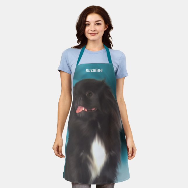 Cute Black Pekingese Dog Personalised Apron (Worn)