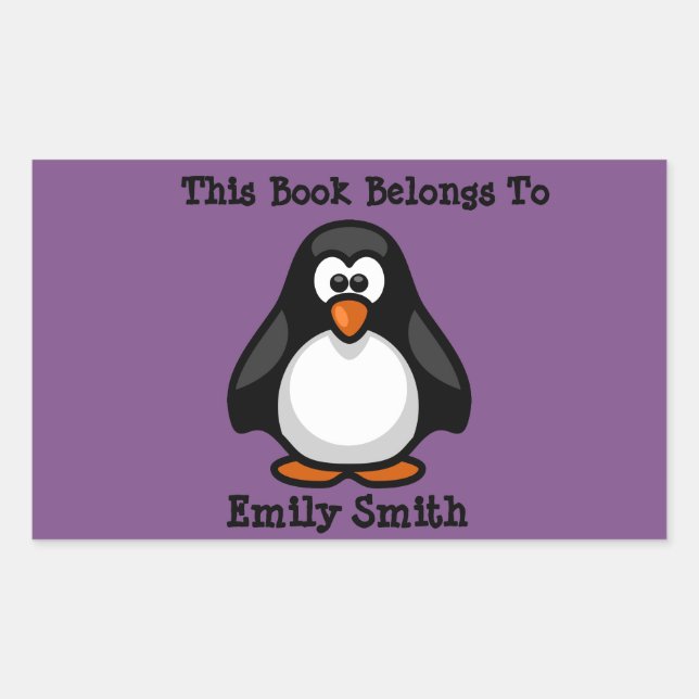 Cute Black Penguin on Purple Book Name Plate Rectangular Sticker (Front)