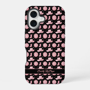 Cute Black Personalised Girly Pink Cowgirl iPhone 16 Case