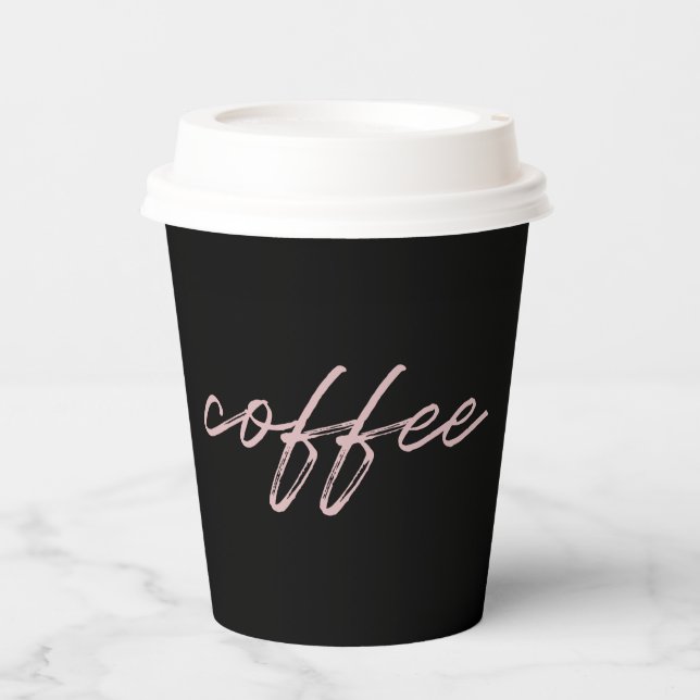 Cute Black & Pink "coffee" Minimalist Script  Paper Cups (Front)