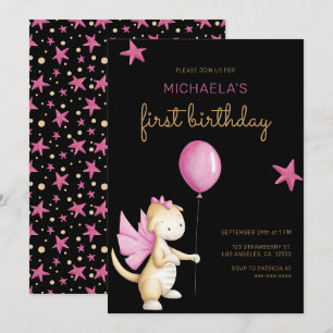 Cute Black Pink Dragon Girl First Birthday Invitation