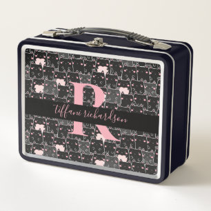 Cute Black Pink Kitty Cats Monogram Metal Lunch Box