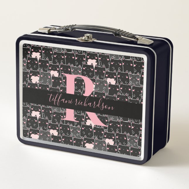 Cute Black Pink Kitty Cats Monogram Metal Lunch Box (Front)