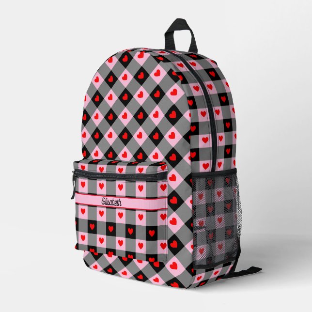  Cute Black Pink Red Heart Plaid Pattern Name Girl Printed Backpack (Back Corner Right)