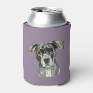 Cute Black Pit Bull Dog Watercolor Painting Can Cooler
