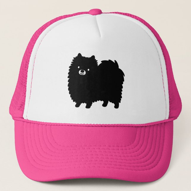 Cute Black Pomeranian Cartoon Dog Trucker Hat (Front)