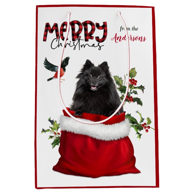 Cute Black Pomeranian Dog Christmas Medium Gift Bag (Front)