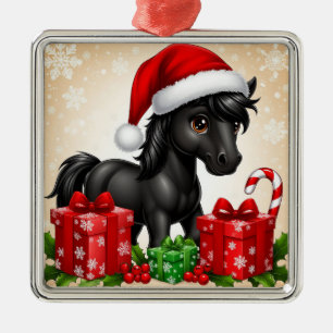 Cute Black Pony with Santa Hat Metal Tree Decoration