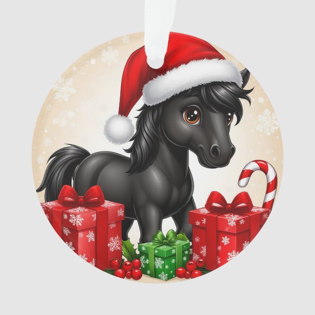 Cute Black Pony with Santa Hat Ornament (Front)