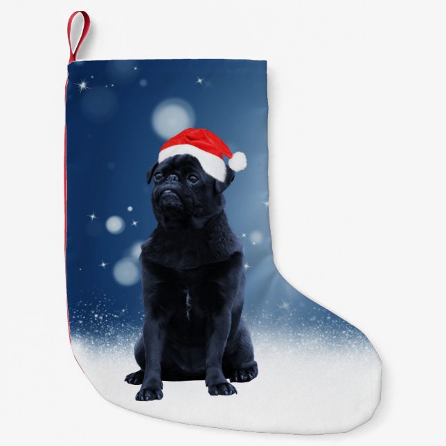 Cute Black Pug Dog Christmas Santa Hat Snow Stars Small Christmas Stocking (Front)