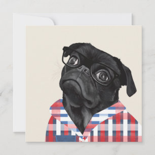 Cute Black Pug Dog With Glasses And Check Shirt