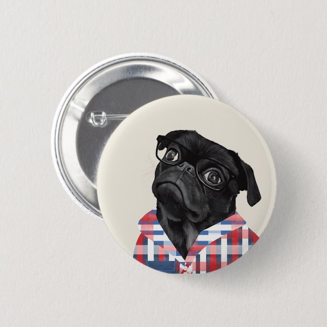 Cute Black Pug Dog With Glasses And Check Shirt 6 Cm Round Badge (Front & Back)