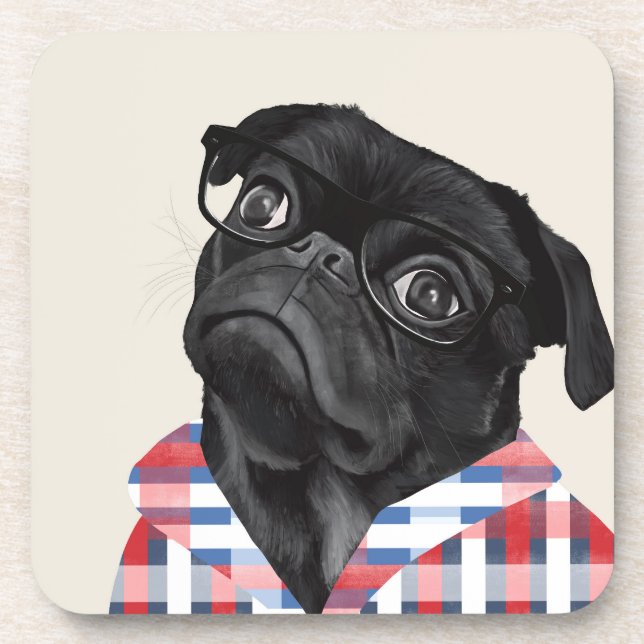 Cute Black Pug Dog With Glasses And Check Shirt Coaster (Front)