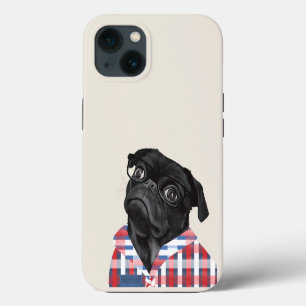 Cute Black Pug Dog With Glasses And Check Shirt iPhone 13 Case