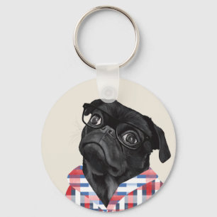Cute Black Pug Dog With Glasses And Check Shirt Key Ring