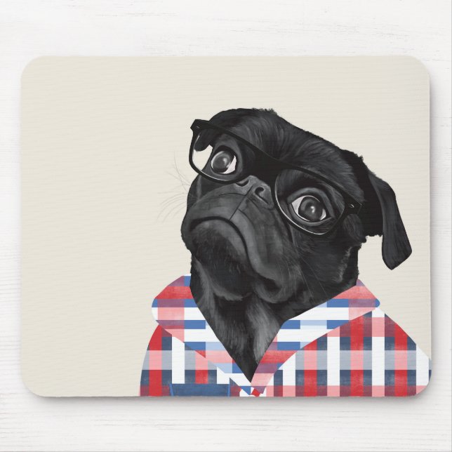 Cute Black Pug Dog With Glasses And Check Shirt Mouse Pad (Front)