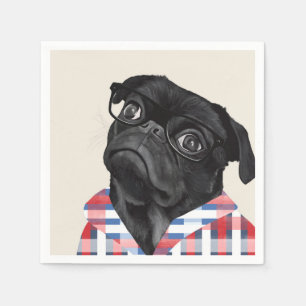 Cute Black Pug Dog With Glasses And Check Shirt Napkin