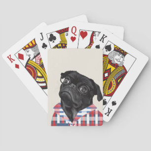 Cute Black Pug Dog With Glasses And Check Shirt Playing Cards