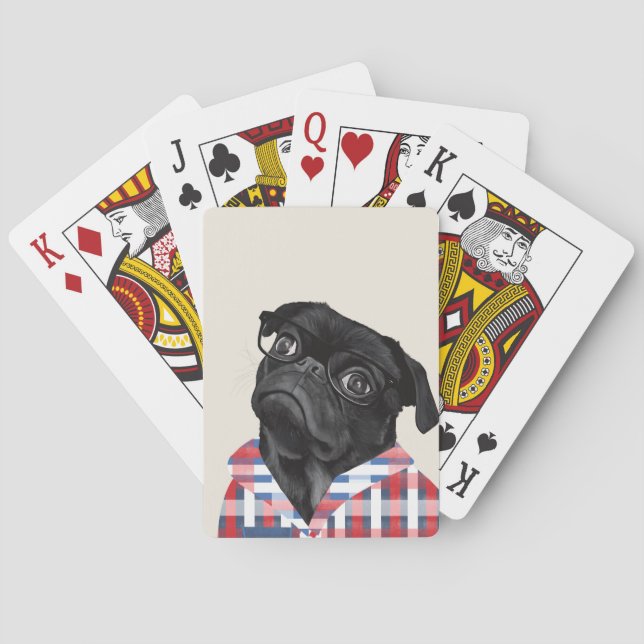 Cute Black Pug Dog With Glasses And Check Shirt Playing Cards (Back)