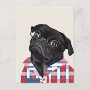 Cute Black Pug Dog With Glasses And Check Shirt Postcard