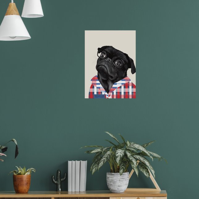 Cute Black Pug Dog With Glasses And Check Shirt Poster (Living Room 1)